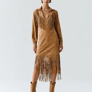 Chic autunno <span class=keywords><strong>donna</strong></span> stile retrò con frange sartoriale dettaglio finto camoscio camicia colletto a manica lunga abito Midi marrone per <span class=keywords><strong>donna</strong></span> - Product Image 5