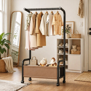 Porte-manteau mobile double tringle avec étagères de rangement double niveau, multifonctionnel, pour vêtements et accessoires - Product Image 1