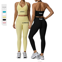 Ensemble de yoga deux pièces respirant et solide : débardeur dos nu en V profond et pantalon long moulant rehausseur de fessiers - Tenue de sport