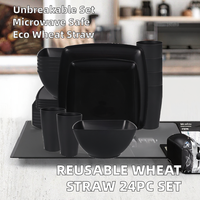 Ensemble de camping 24 pièces classique en paille de blé réutilisable noir incassable pour dîner, assiette carrée, bol et tasse