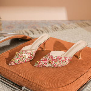 Mules synthétiques à bout pointu avec strass, talons hauts, pantoufles d'été pour femmes, doublure en microfibre 6776-2 - Product Image 1