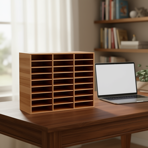 Organizzatore per riviste a 27 scomparti in fibra di legno a media densità con finitura rovere per archiviazione su scrivania di casa, ufficio o scuola - Product Image 2