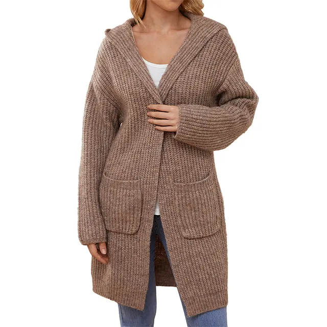Women's Wool Lightweight Hooded Cardigan Casual Knit Open Front Oversized Long Sleeve Wrap Sweater with Pockets