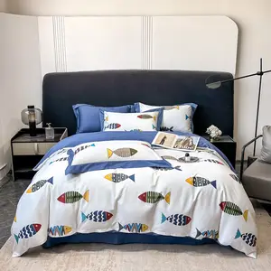 High-quality 100% cotton printed fish quilt cover king size bed sheet luxury blue duvet cover bedding set manufacturer