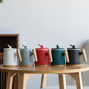 Ceramic <b>Mug</b> With Wooden Handle And Lid 301-400ml <b>Large</b> Capacity Tea Water Cup For Office Use - Product Image 1