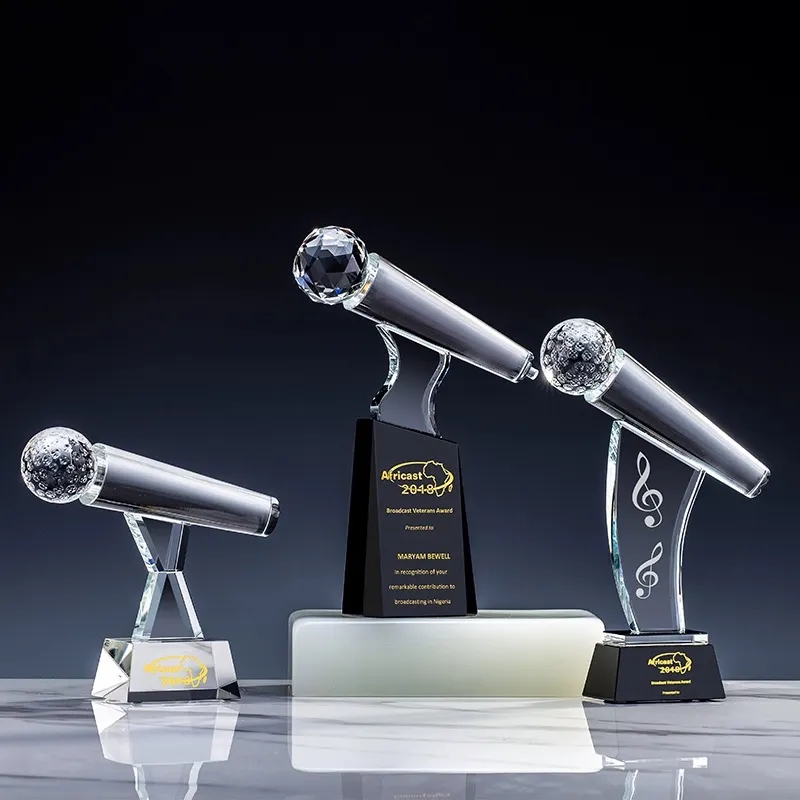 Gepersonaliseerde Glazen Microfoon Awards Crystal Singer Muziek Trofee Voice Contest Voor Talentenjacht Roving Award