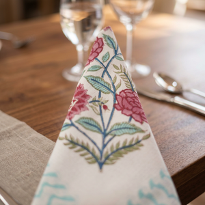 Serviette de table carrée de luxe faite à la main en coton 100% biologique et écologique, imprimé floral, style classique, décoration de table, usage domestique - Product Image 2