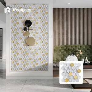 Realgres Hot Sale White Craft Golden Tiles Natural Marble Stone Mosaic Tile For Hotel And Villa Decoration