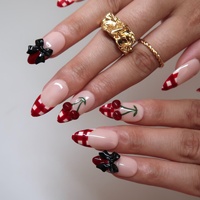 Ongles en acrylique à presser, motif cerise 3D, nœud et rayures, estampage doré, vernis brillant et mat, personnalisables, forme amande, longueur moyenne