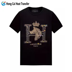 Camiseta de homens de grandes dimensões com strass de algodão penteado chinês hip hop com transferência de calor Hongcai