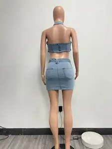 Ojw380 Nieuwkomers Stretch Denim Hals Rits Sexy Casual Mini Rok Set