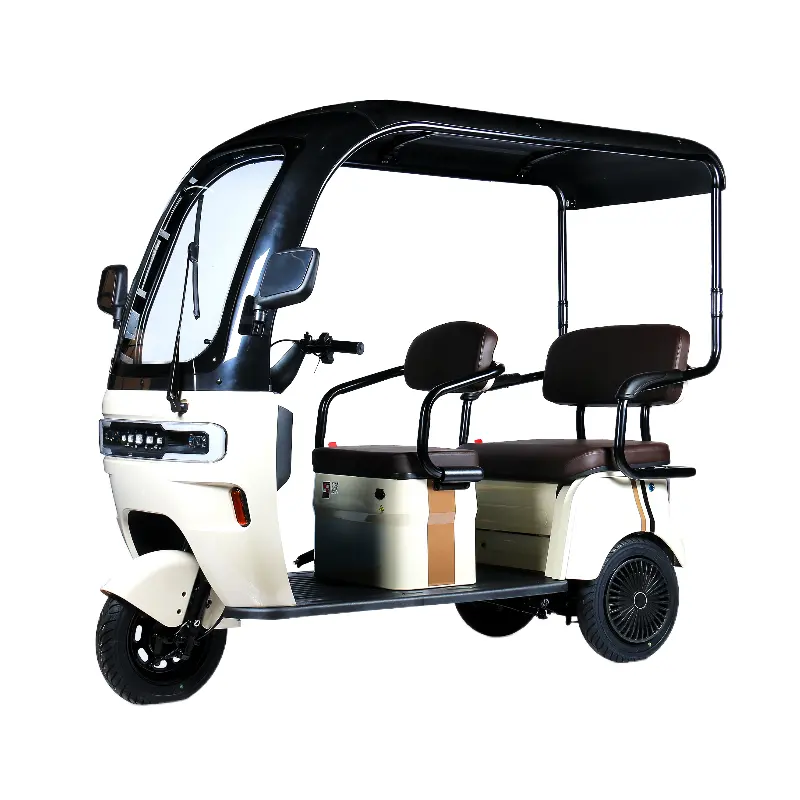 Semi-Enclosed Steel Frame Electric Leisure Tricycle Double Row Passenger-Cargo with Rear Wheel Hub Motor Integrated Battery