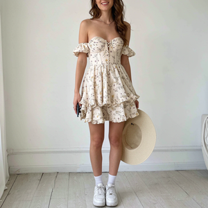 Mini vestido con estampado floral para mujer, vestido corto con hombros descubiertos para mujer, vestido informal de verano para fiesta, vestidos elegantes a la moda para mujer - Product Image 3