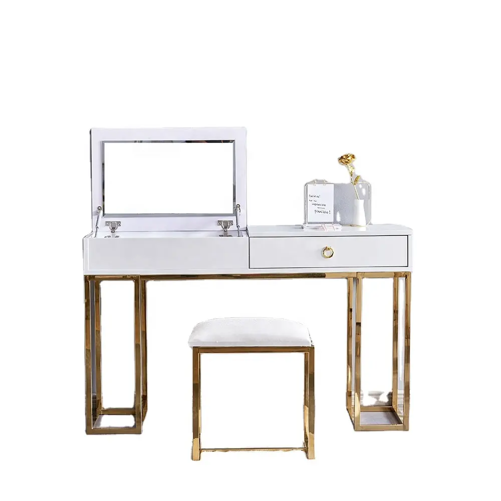 Yeni tasarımlar altın paslanmaz ayna ve dışkı ile çelik ayak parlak makyaj vanity masası set beyaz makyaj masa