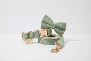 Correa de perro de pana verde salvia. Paso para niña perro. Cachorro con lazo personalizado. Conjunto de arnés y correa para collar de perro - Product Image 6