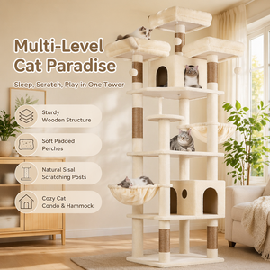 Arbre à chat multi-niveaux en bois avec poteaux à gratter en sisal, grand condo pour chat, hamac, perchoir, aire de jeux pour plusieurs chats - Product Image 5