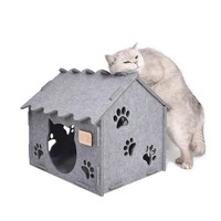 Lit pour chat en feutre en forme de maison, durable, pliable, chaud, motif empreintes de pattes, universel quatre saisons