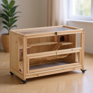 Grande cage à hamster avec triple escalier, double niches et roues, en bois naturel, pour petits animaux, usage intérieur toutes saisons - Product Image 2