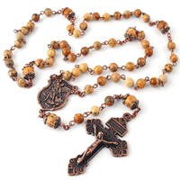 Collier de chapelet catholique en pierres de jaspe picturale de 6 mm, Saint-Michel, plaqué cuivre antique