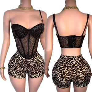 Spring Fall Women's Leopard Corset Crop Top + Above Knee Shorts 2 Piece <b>Set</b> <b>Sexy</b> Y2K Summer Breathable PU Material - Product Image 1