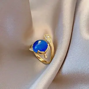 2023 New Jewelry Textured Crystal Animal Open Finger Ring 18K Gold Plated Stainless Steel Warm Stone Inlay Fox Ring