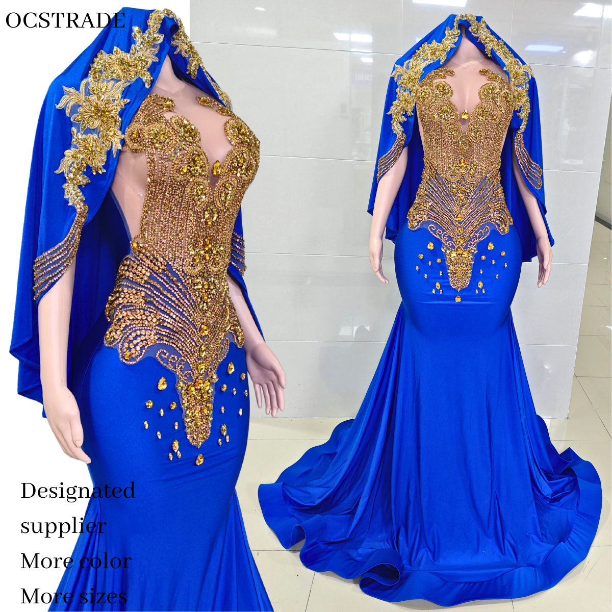 strapless open back dress A Line V Neck Yellow/Royal Blue Prom Dress with High Leg Slit, Yellow/ –  jbydress main image 1