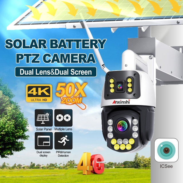50XZOOM 4K 4G Solar Ptz Smart Camera Dual Lens Dual Screen Supports Two-way Conversation Humanoid Detection Icsee App