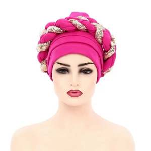 Vente en gros musulman nigérian Sequin <span class=keywords><strong>tresse</strong></span> Hijab Style arabe africain femmes Turban exagéré bal femmes nœud papillon perle bandeau chapeau - Product Image 5