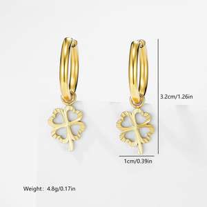 14K Gold Plated Stainless Steel Four Leaf Clover Water Drop Earrings Luxury Hypoallergenic <strong>Jewelry</strong> - Product Image 3