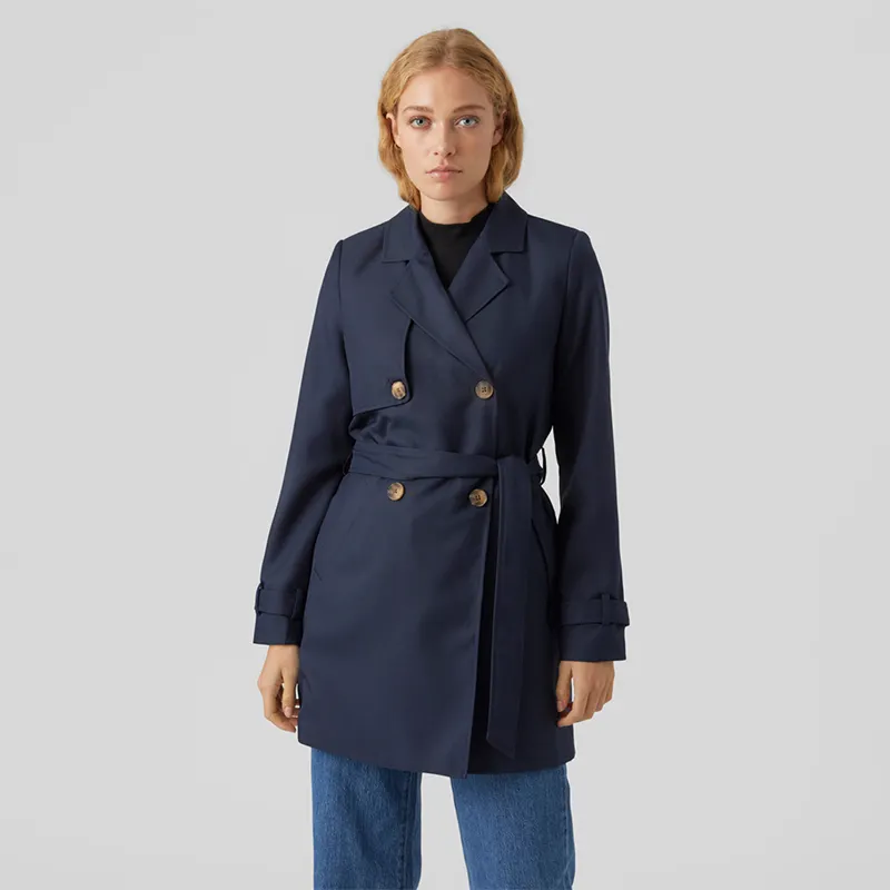 Manufacturer Oem Customized Classic Navy Notched Collar Double Breasted Long Sleeves Oversized Long Trench Coat For Women