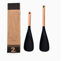 Lot de 2 cuillères multifonctions en silicone de 11,4 po et 13,4 po pour ustensiles de cuisine antiadhésifs, cuillère à manche en bois pour mélanger, cuillère à soupe et spatule