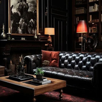 American Classical Antique Bar Nightclub Customize Button Leather Sofa Seating Cigar VIP Lounge Bistro Cocktail Whisky Couch Set