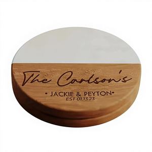 En stock, sous-verres classiques en bois d'acacia naturel et en marbre, gravure au laser, blancs, fonctionnels, élégants, sous-verres pour boissons, épaisseur de 10 mm - Product Image 1