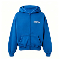 Felpa con cappuccio unisex blu royal primaverile con zip intera, ricamata, oversize, vestibilità squadrata, spalle scese, cappuccio a doppio strato, cerniera argentata, tasca a marsupio
