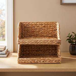Water Hyacinth Rustic Rectangle Standing 2-tier Woven Eco-Friendly Multifunction <b>Storage</b> <b>Baskets</b> <b>Large</b> Open-Front Hanging - Product Image 4