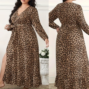 Long Sleeve V Neck <strong>Plus</strong> <strong>Size</strong> Women Dress European and American Fashion Trend Leopard Print Slit Long Sleeve Dress for Women - Product Image 2