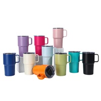 Mug de voyage isotherme sous vide de 16 oz avec revêtement anti-fuite, couvercle à paille et couvercle à bec verseur, avec poignée en corde