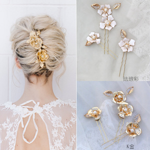 Fancy Gold Plating and Enamel Rhinestone Pearl Flower Bridal <strong>Hair</strong> <strong>Pins</strong> <strong>Wedding</strong> - Product Image 2