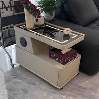 Table basse mobile intelligente avec charge sans fil, rangement, design moderne minimaliste, structure en bois massif, plateau en verre, meubles de salon