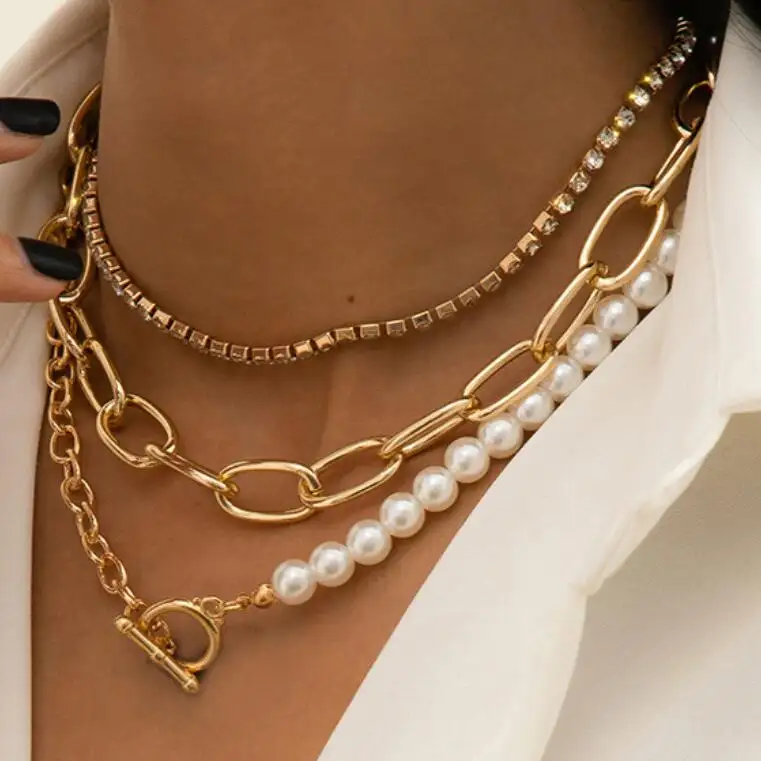 2022 fashion popular European simple fashion round bead chain necklace retro baroque imitation pearl geometric necklace chokers