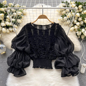 Hot-selling Trendy Últimas 4 Cores Sólidos Ruffle Detalhe Puff Manga Mulher Camisas Blusas Manga Longa - Product Image 2