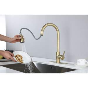 Robinet de cuisine contemporain en alliage de zinc, 1 poignée, douchette extractible, eau chaude et froide, montage sur plan, design moderne - Product Image 4