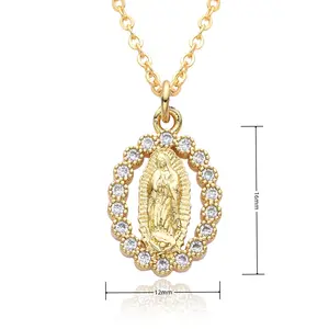 Gold Plated CZ Micro Pave Mother Virgin Mary Religious Chain Necklace Women Christian Jewelry Medal Pendant Necklace