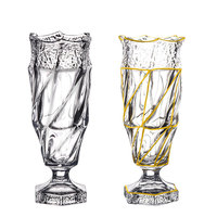 Vas Kaca Kristal Goblet Eropa, Vas Bening dengan Garis Emas Berukir untuk Dekorasi Bunga Meja Pernikahan di Rumah