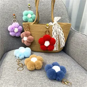 2022 Stylish Cute Fluffy Rose Flower Keychain Pompom keychain Keyring Faux Fur Pom Pom