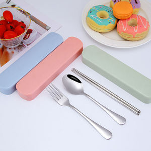 Portable Reusable Stainless Steel Chopsticks Spoon Fork Cutlery Set with Wheat <b>Box</b> - Product Image 1