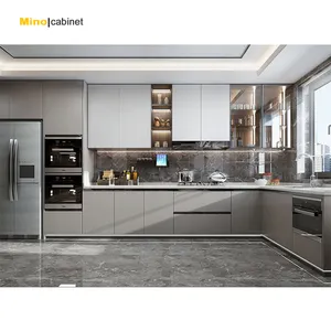 European Design Handleless Cabinets High Glossy Grey Lacquer Custom MDF Melamine Wall Cupboard Built in Kitchen Cabinet