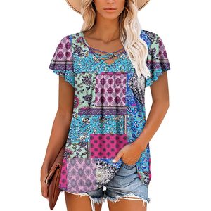 2025 camisa de verano con cuello en V para mujer BlueBlock XXL tamaño túnica de manga corta Tops blusa de encaje bordado Top elegante fluido - Product Image 4