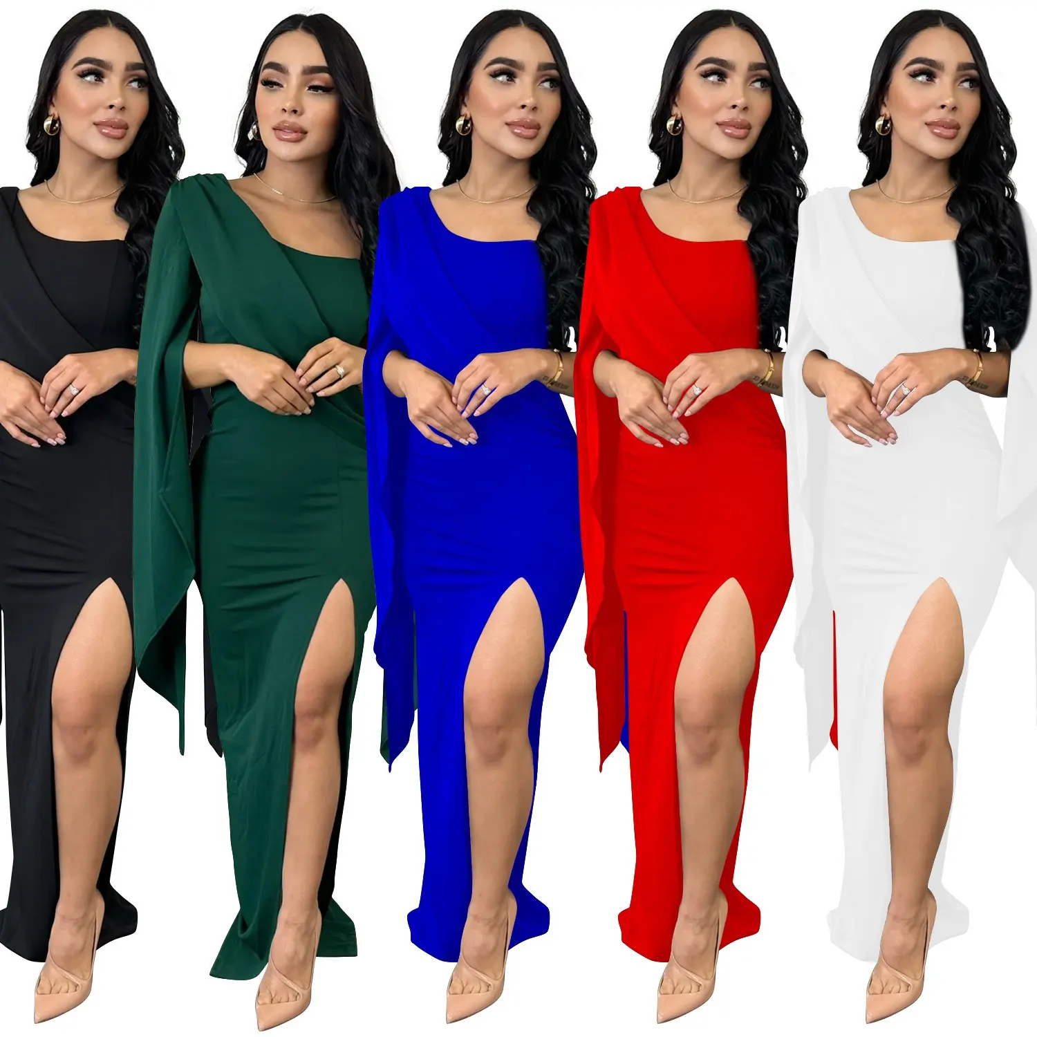 2024 New Sexy Giản Dị Rắn Chắp Vá Slit O Cổ Một Bước Váy Dresses Thời Trang Thanh Lịch Cape Tay Áo Chặt Chẽ Đảng Sinh Nhật Ăn Mặc