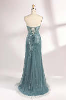 Robe de soirée sirène sexy en maille moulante à fines bretelles, en tulle et dentelle perlée, avec des perles brillantes